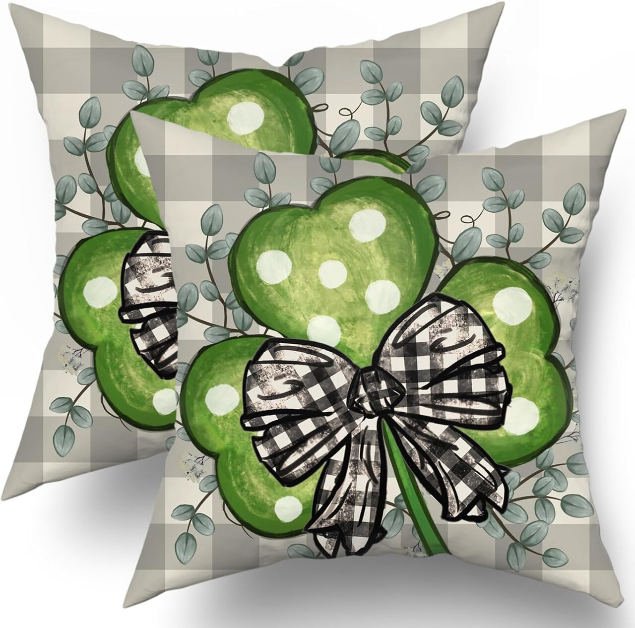 St Patricks Day Pillow Covers 18x18 Set of 2 Watercolor Green Lucky Clover Shamrock Grey Buffalo Plaid